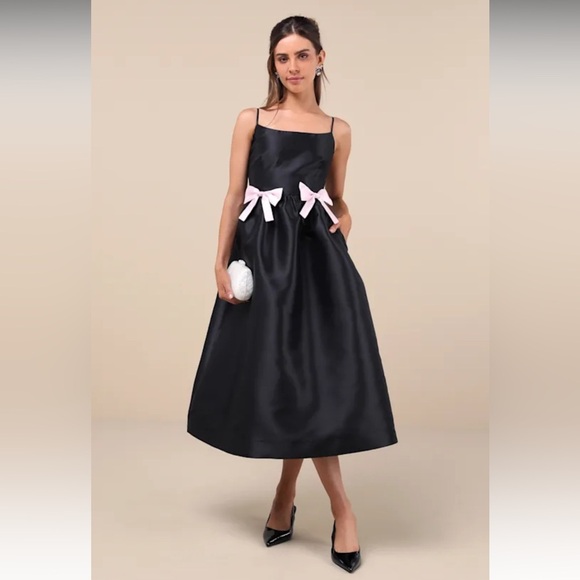Lulus Dresses & Skirts - Lulus Classy Aesthetic Taffeta Dress Size M Black Pink Bow Midi Dress Pockets